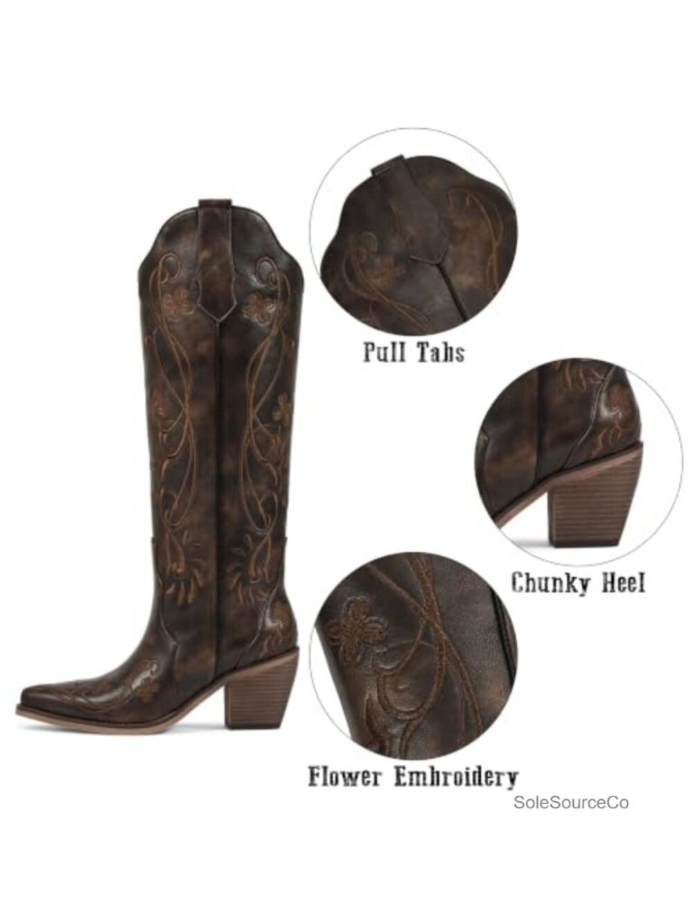 Women's Knee-High Cowboy Boots Faux Leather Embroidered Pointed Toe - Picture 4 of 4